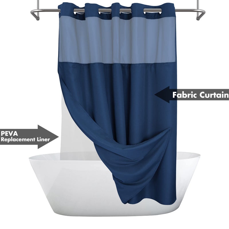 River Dream No Hook Slub Textured Shower Curtain with PEVA Liner Set - 71" x 74"(72"), Hotel Style with See Through Top Window, Machine Washable & Water Repellent Fabric, Navy Blue, 71x74 - Image 2